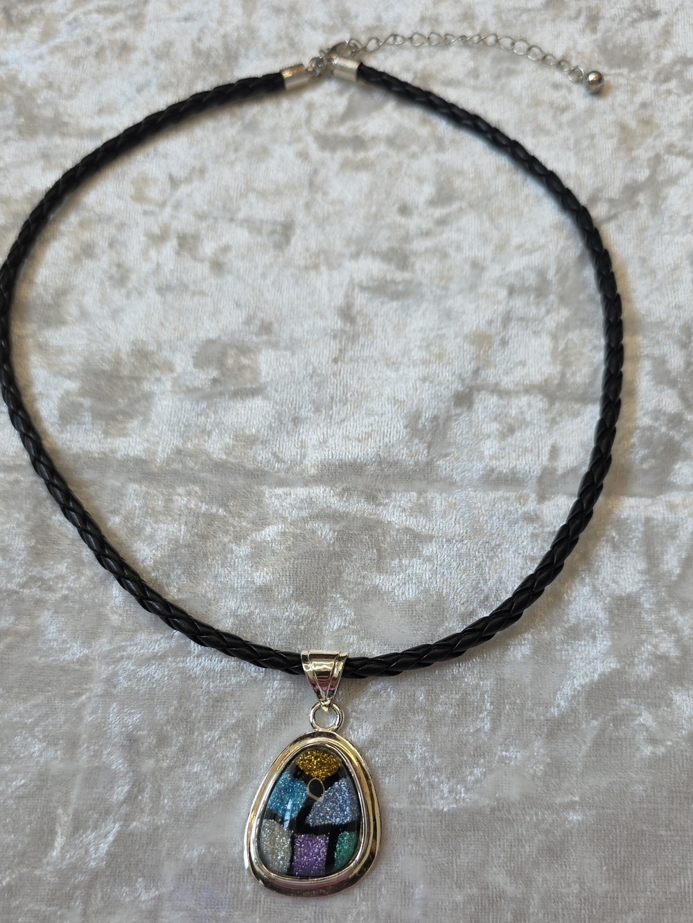 Multicolor Mosaic Silver Tone Pendant Statement Necklace on Black Braided Cord